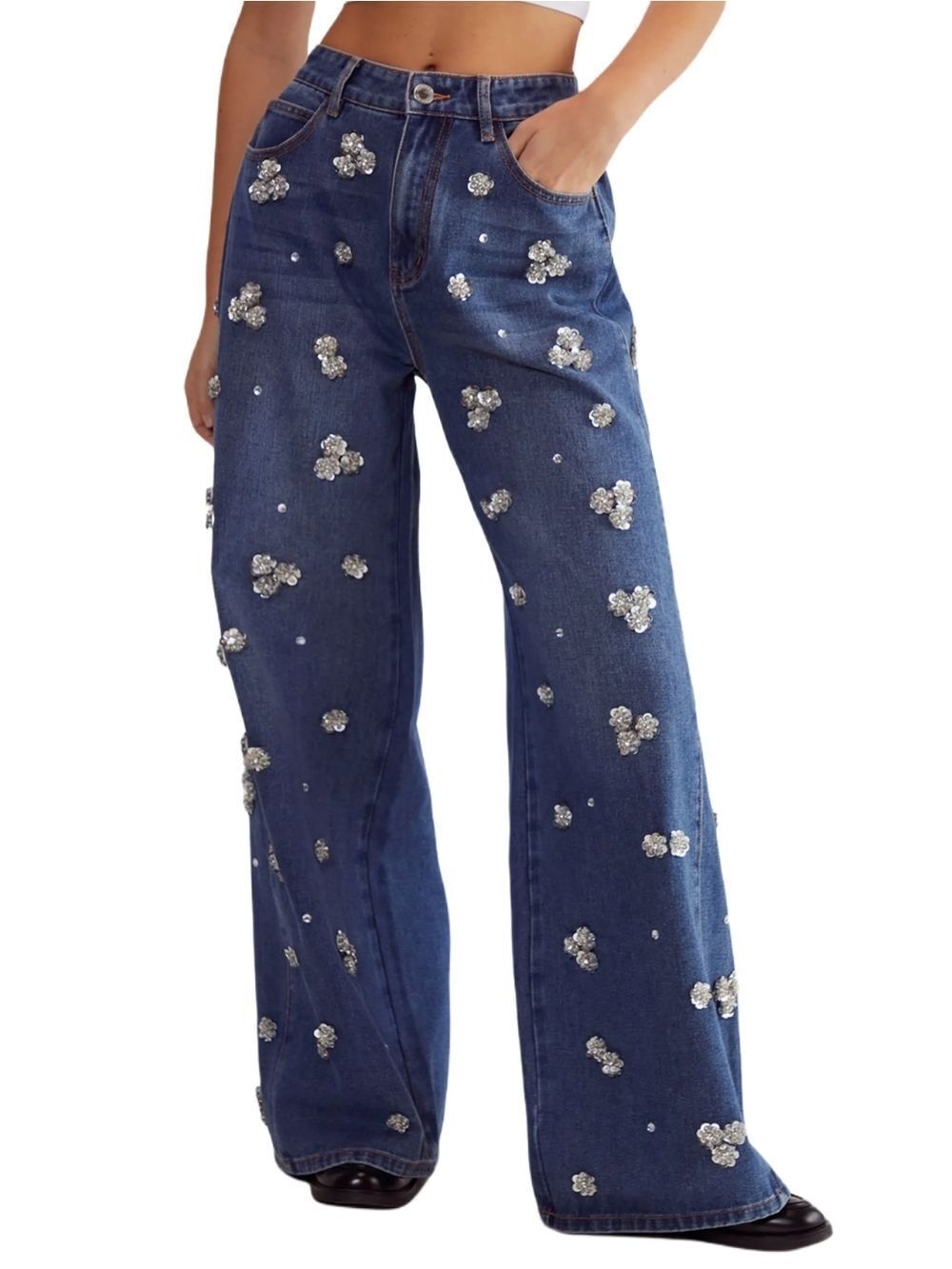 Nasty Gal Womens Medium Blue Embellished Sequin Flower Wide Leg Jeans Size 4